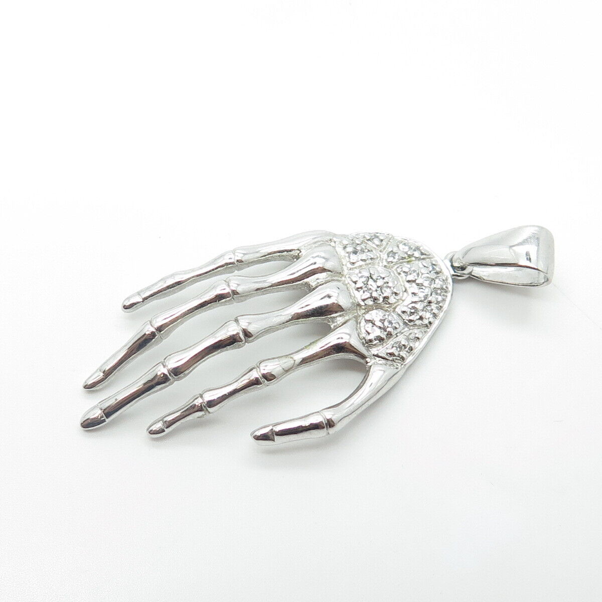 925 Sterling Silver White C Z Skeleton Hand Pendant