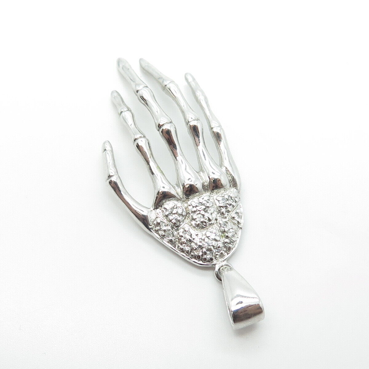 925 Sterling Silver White C Z Skeleton Hand Pendant