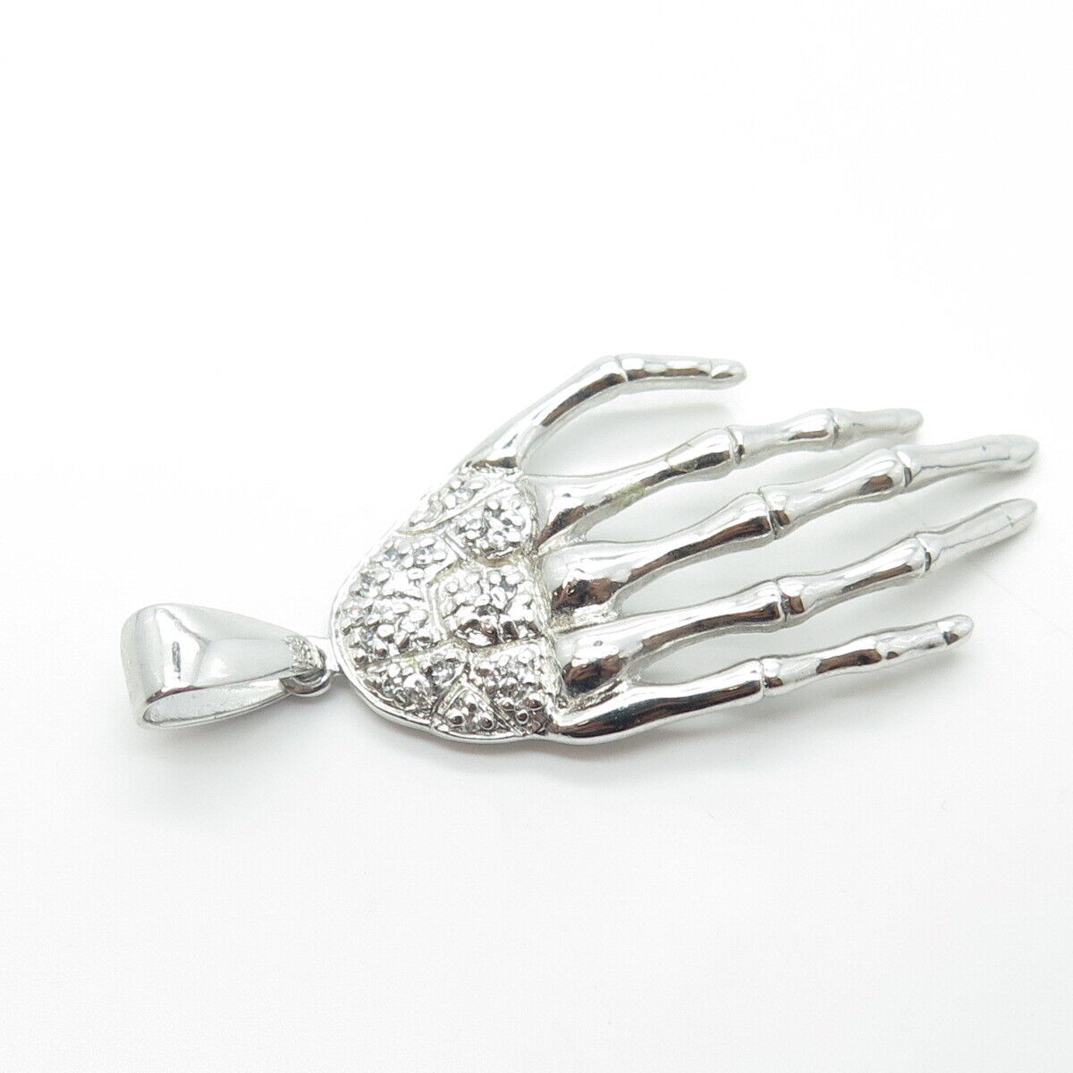 925 Sterling Silver White C Z Skeleton Hand Pendant