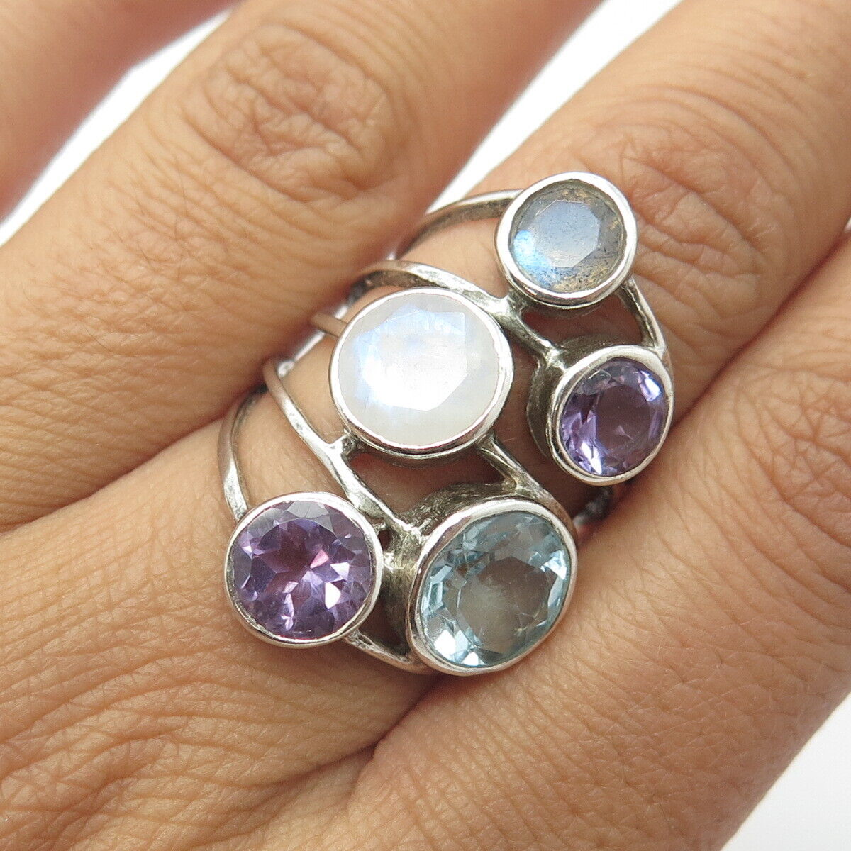 925 Sterling Silver Vintage Real Blue Topaz Amethyst & Moonstone Ring Size 6.75