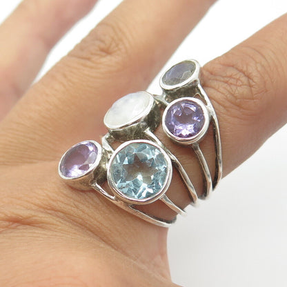 925 Sterling Silver Vintage Real Blue Topaz Amethyst & Moonstone Ring Size 6.75