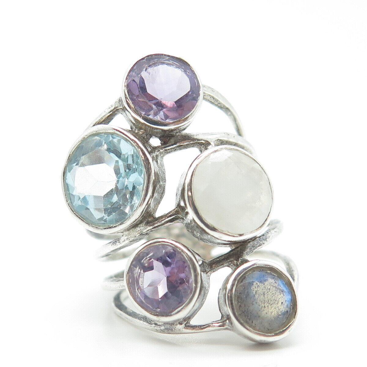 925 Sterling Silver Vintage Real Blue Topaz Amethyst & Moonstone Ring Size 6.75