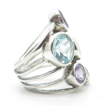 925 Sterling Silver Vintage Real Blue Topaz Amethyst & Moonstone Ring Size 6.75