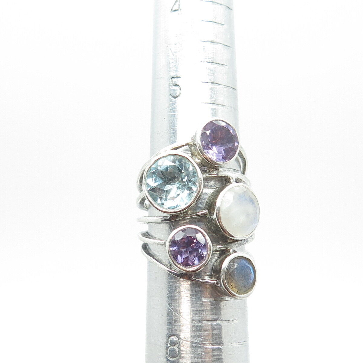 925 Sterling Silver Vintage Real Blue Topaz Amethyst & Moonstone Ring Size 6.75