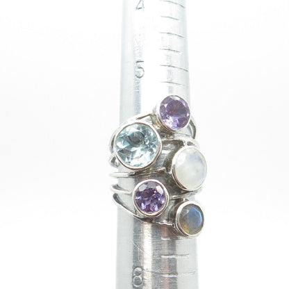 925 Sterling Silver Vintage Real Blue Topaz Amethyst & Moonstone Ring Size 6.75