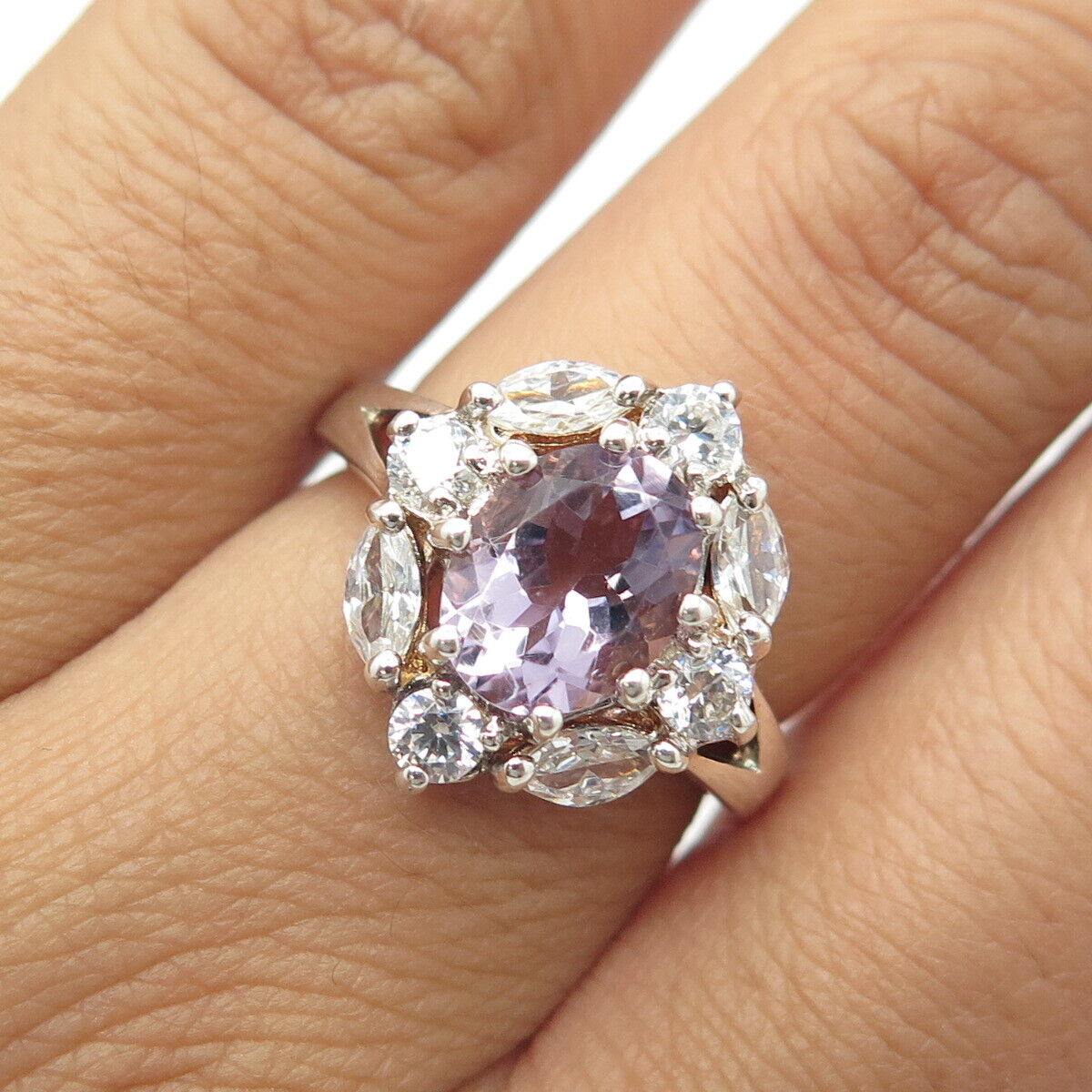 925 Sterling Silver Vintage JC Real Amethyst & CZ Engagement Ring Size 7