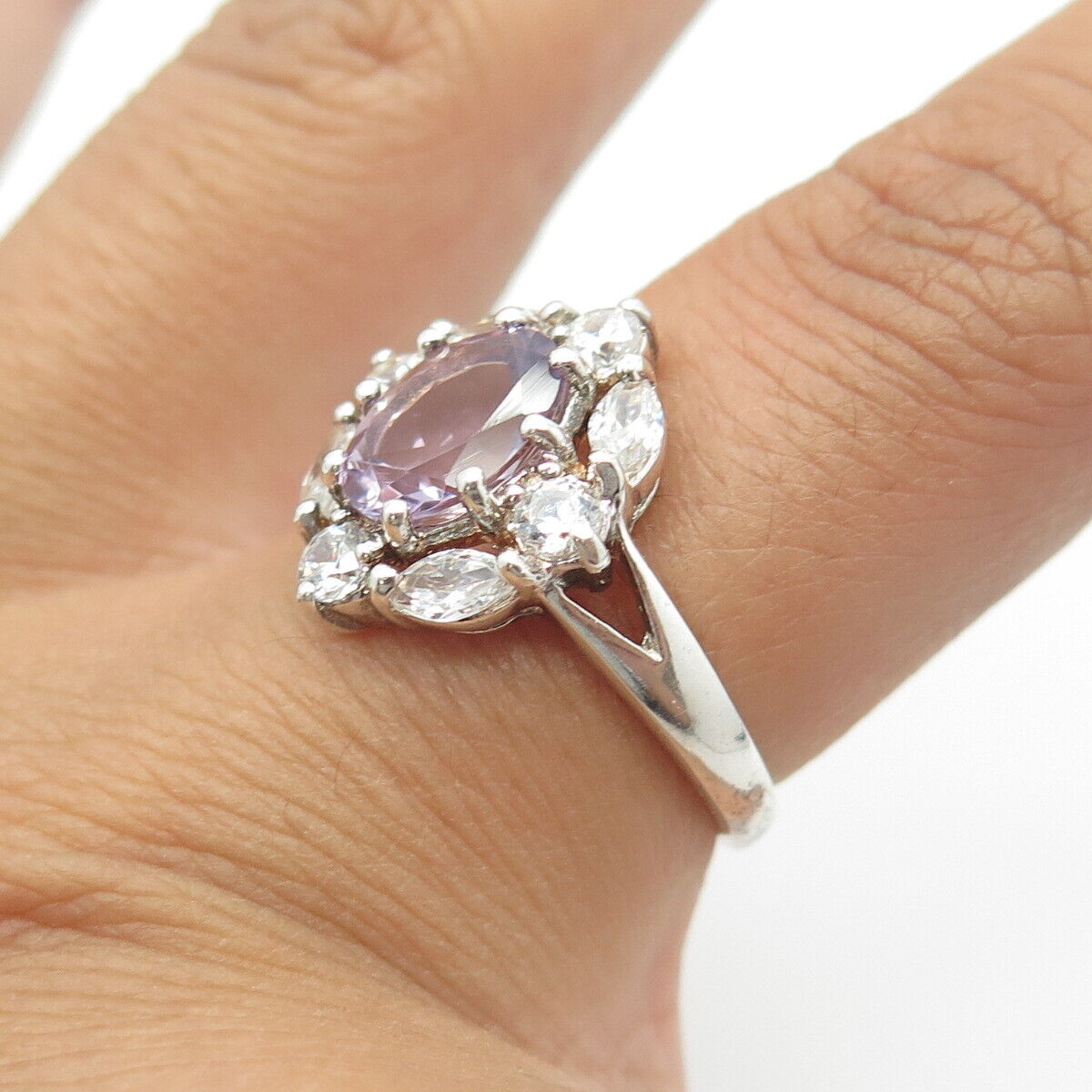 925 Sterling Silver Vintage JC Real Amethyst & CZ Engagement Ring Size 7