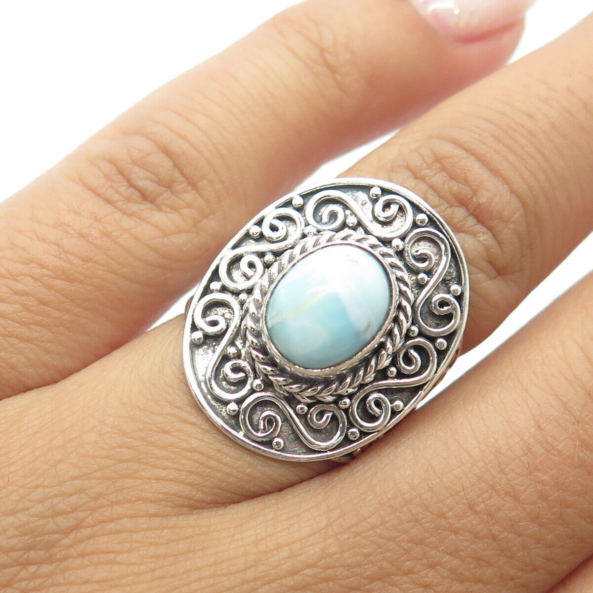 925 Sterling Silver Vintage Real Larimar Butterfly Statement Ring Size 5.75