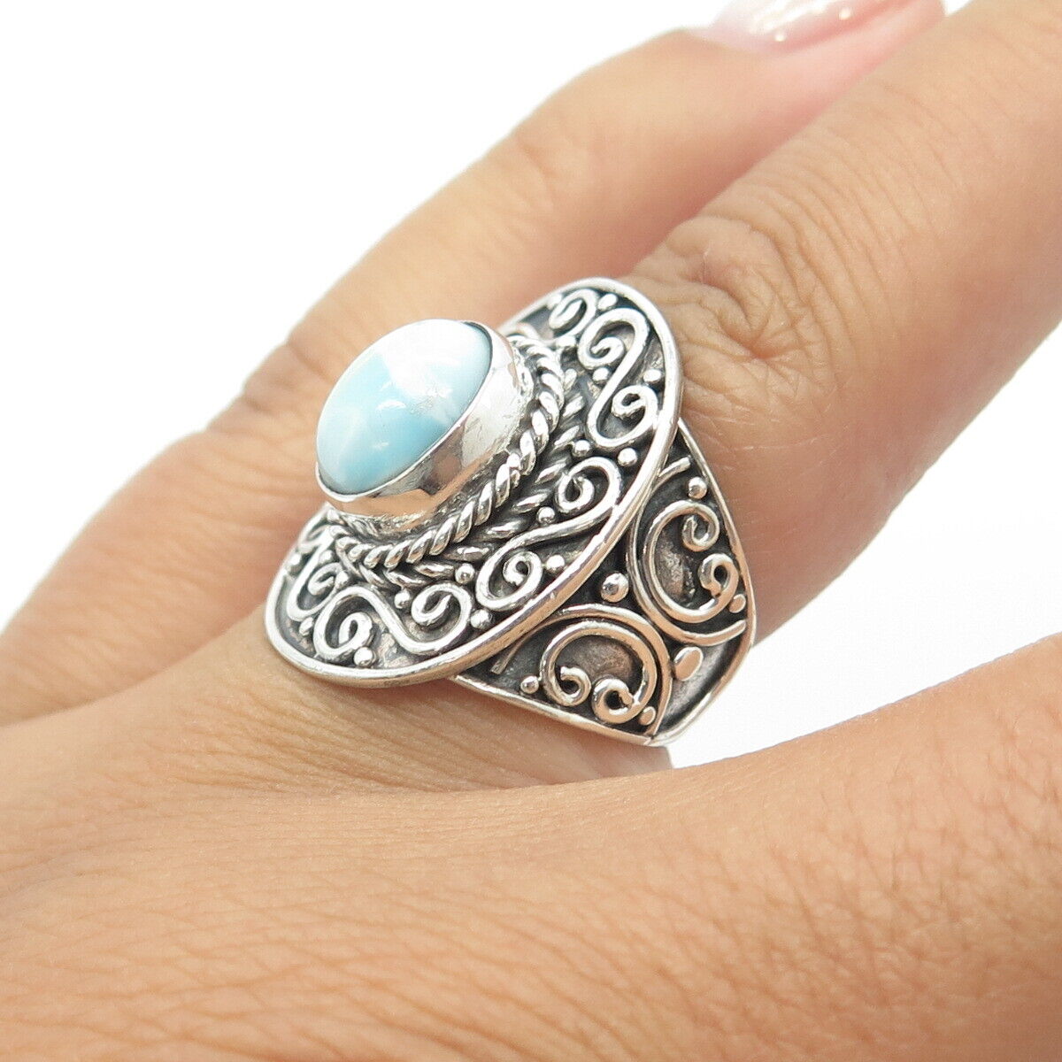 925 Sterling Silver Vintage Real Larimar Butterfly Statement Ring Size 5.75