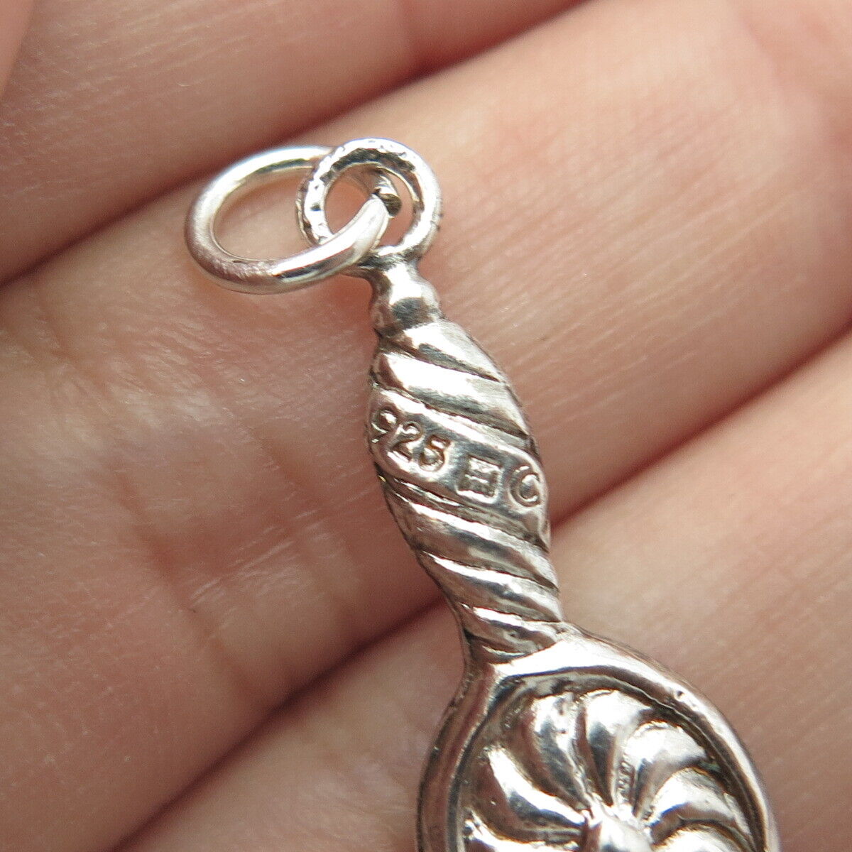 925 Sterling Silver Antique Art Deco Twisted Swirl Mirror Charm Pendant