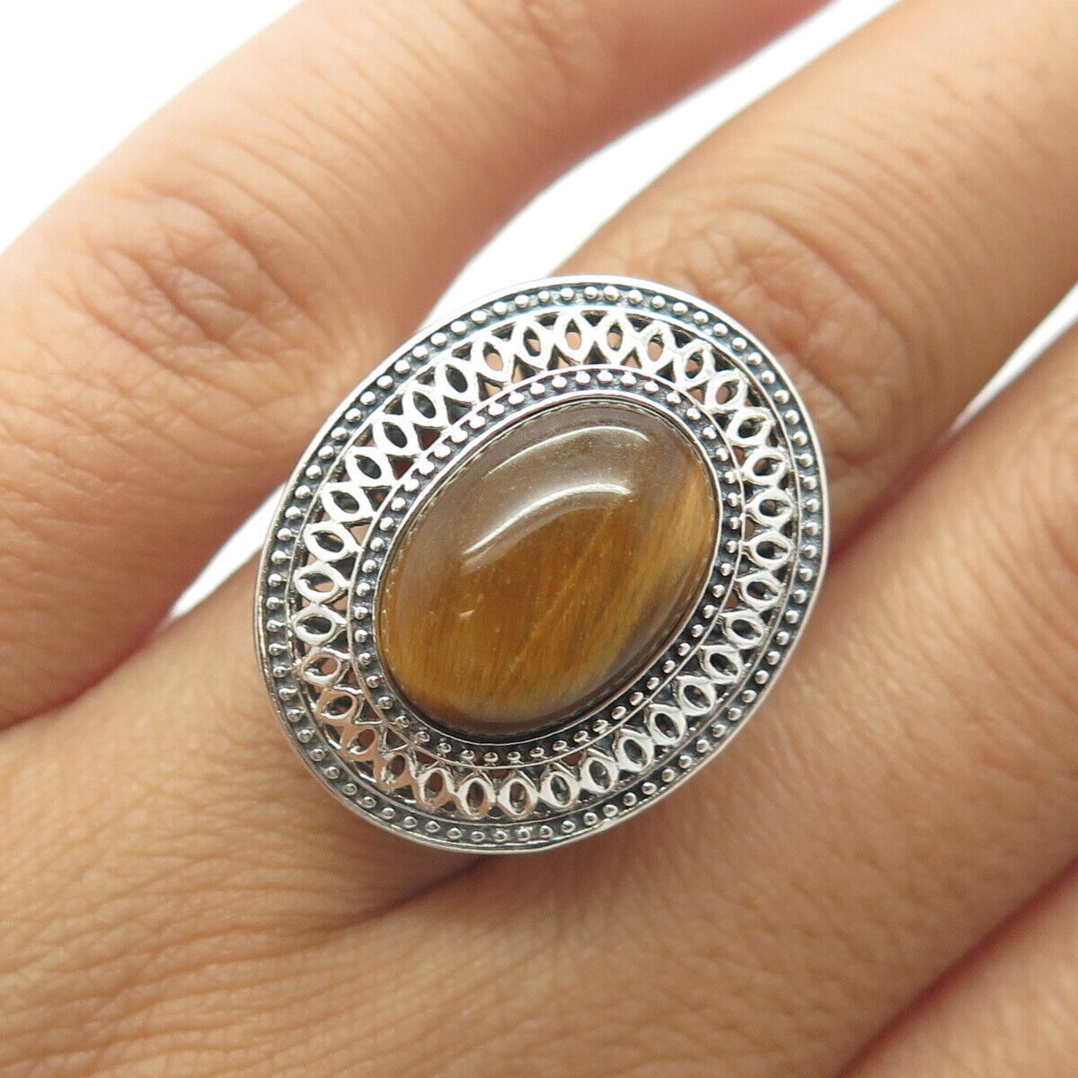 925 Sterling Silver Vintage Real Oval-Cut Tiger's Eye Statement Ring Size 6.25