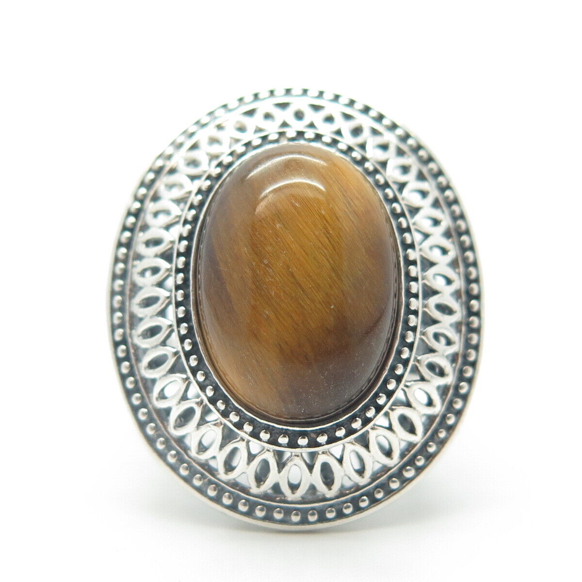 925 Sterling Silver Vintage Real Oval-Cut Tiger's Eye Statement Ring Size 6.25