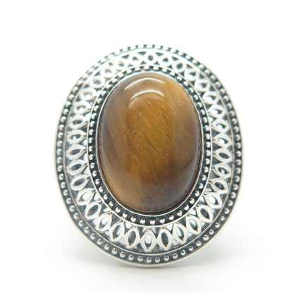 925 Sterling Silver Vintage Real Oval-Cut Tiger's Eye Statement Ring Size 6.25