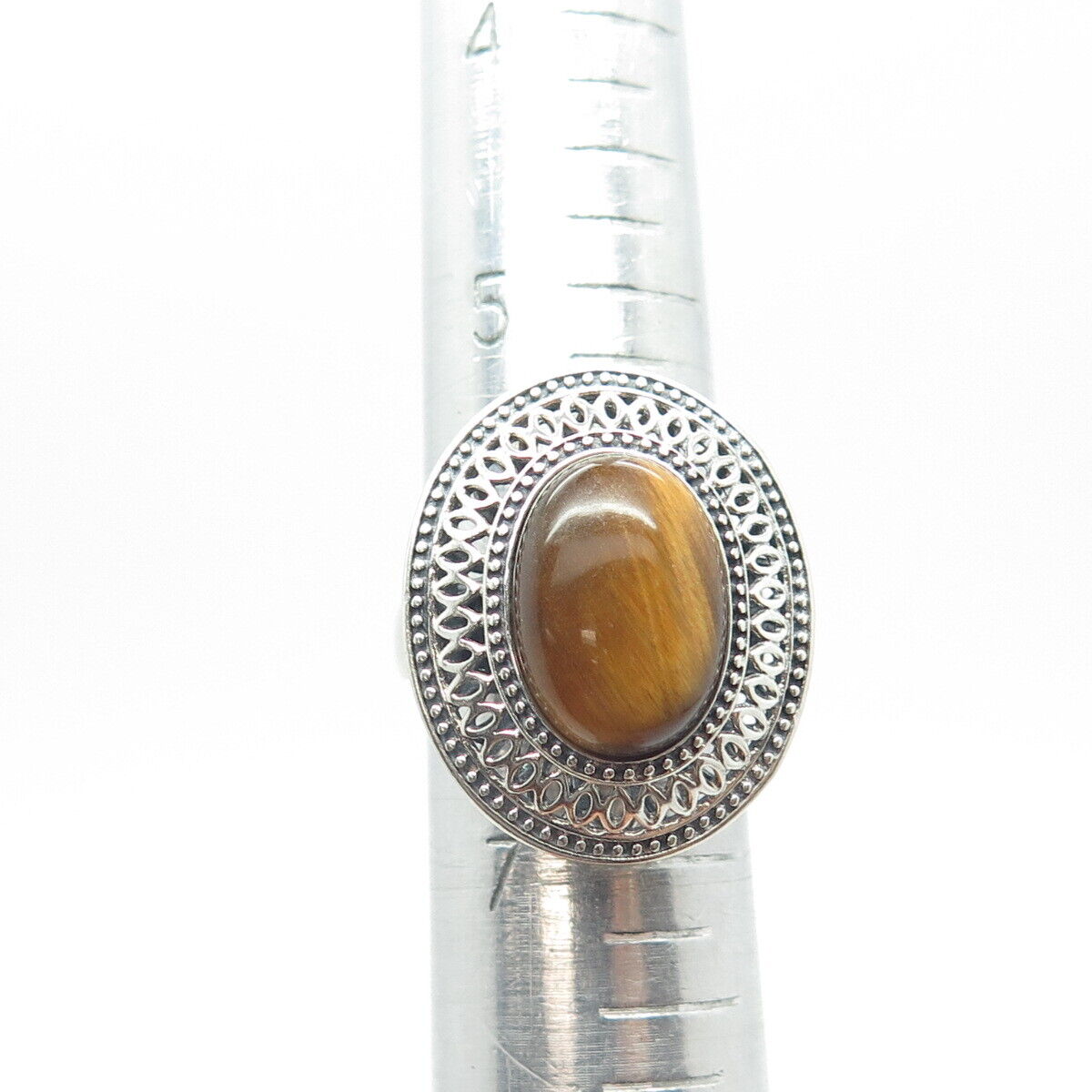 925 Sterling Silver Vintage Real Oval-Cut Tiger's Eye Statement Ring Size 6.25