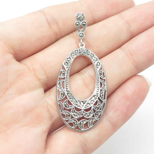 925 Sterling Silver Vintage Real Marcasite Gem Swirl Floral Pendant