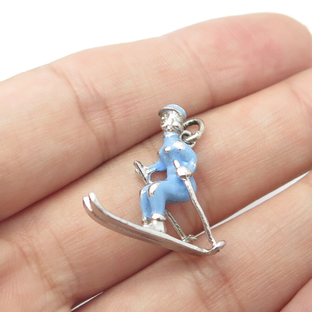 925 Sterling Silver Vintage Blue Enamel Ski Athlete Charm Pendant