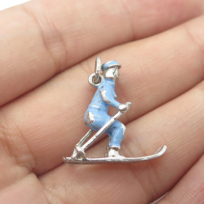 925 Sterling Silver Vintage Blue Enamel Ski Athlete Charm Pendant