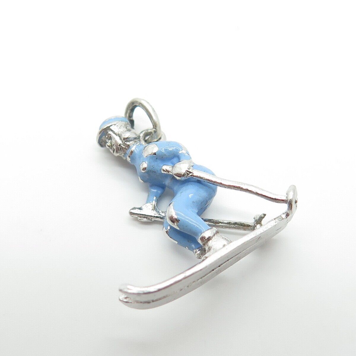 925 Sterling Silver Vintage Blue Enamel Ski Athlete Charm Pendant