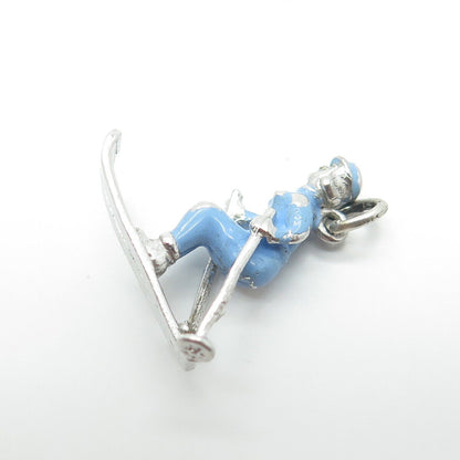 925 Sterling Silver Vintage Blue Enamel Ski Athlete Charm Pendant