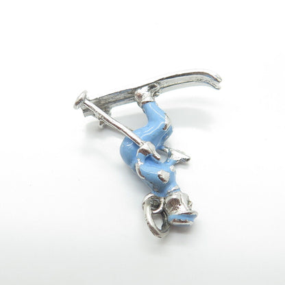 925 Sterling Silver Vintage Blue Enamel Ski Athlete Charm Pendant