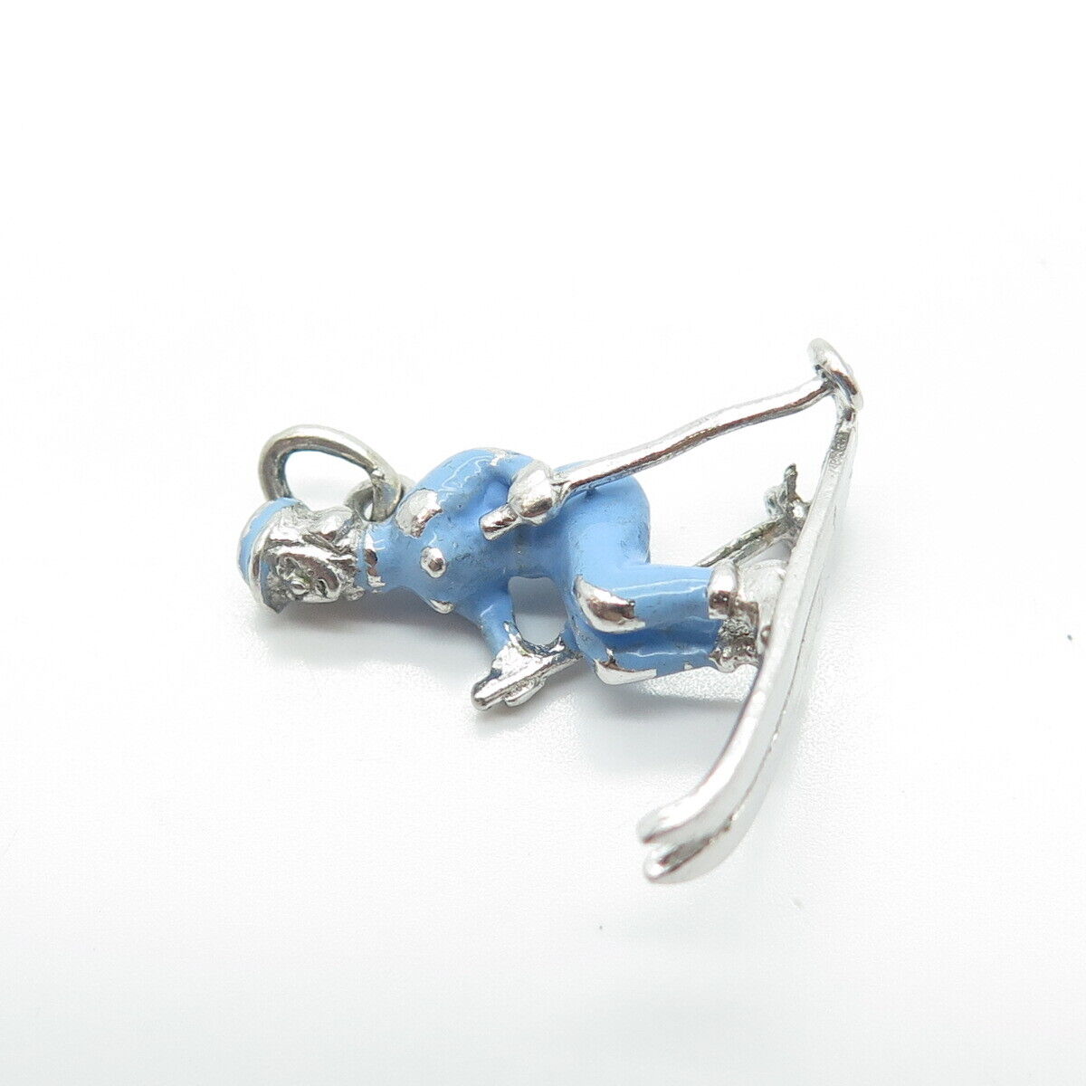 925 Sterling Silver Vintage Blue Enamel Ski Athlete Charm Pendant