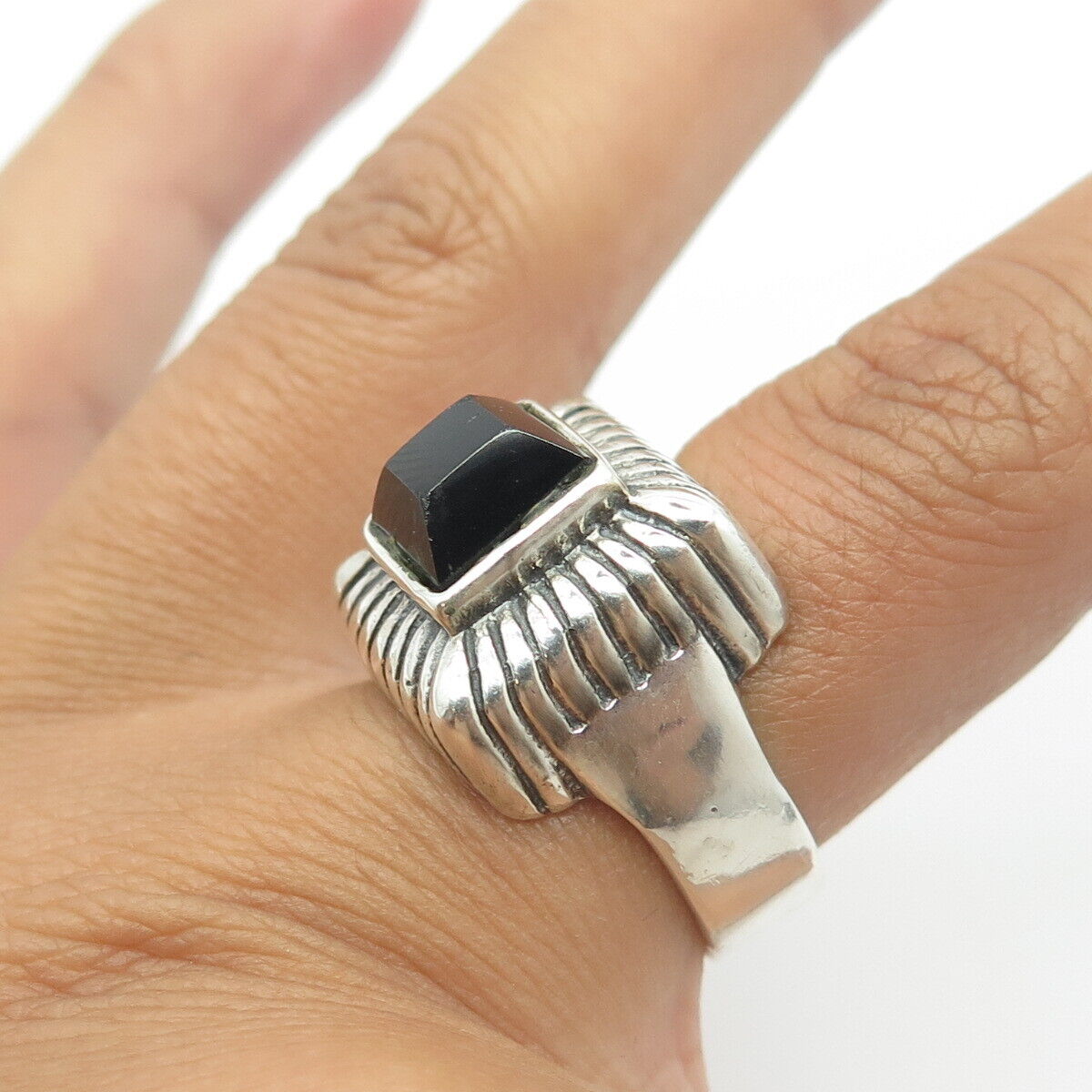 925 Sterling Silver Vintage Real Black Onyx Pyramid Statement Ring Size 7.75