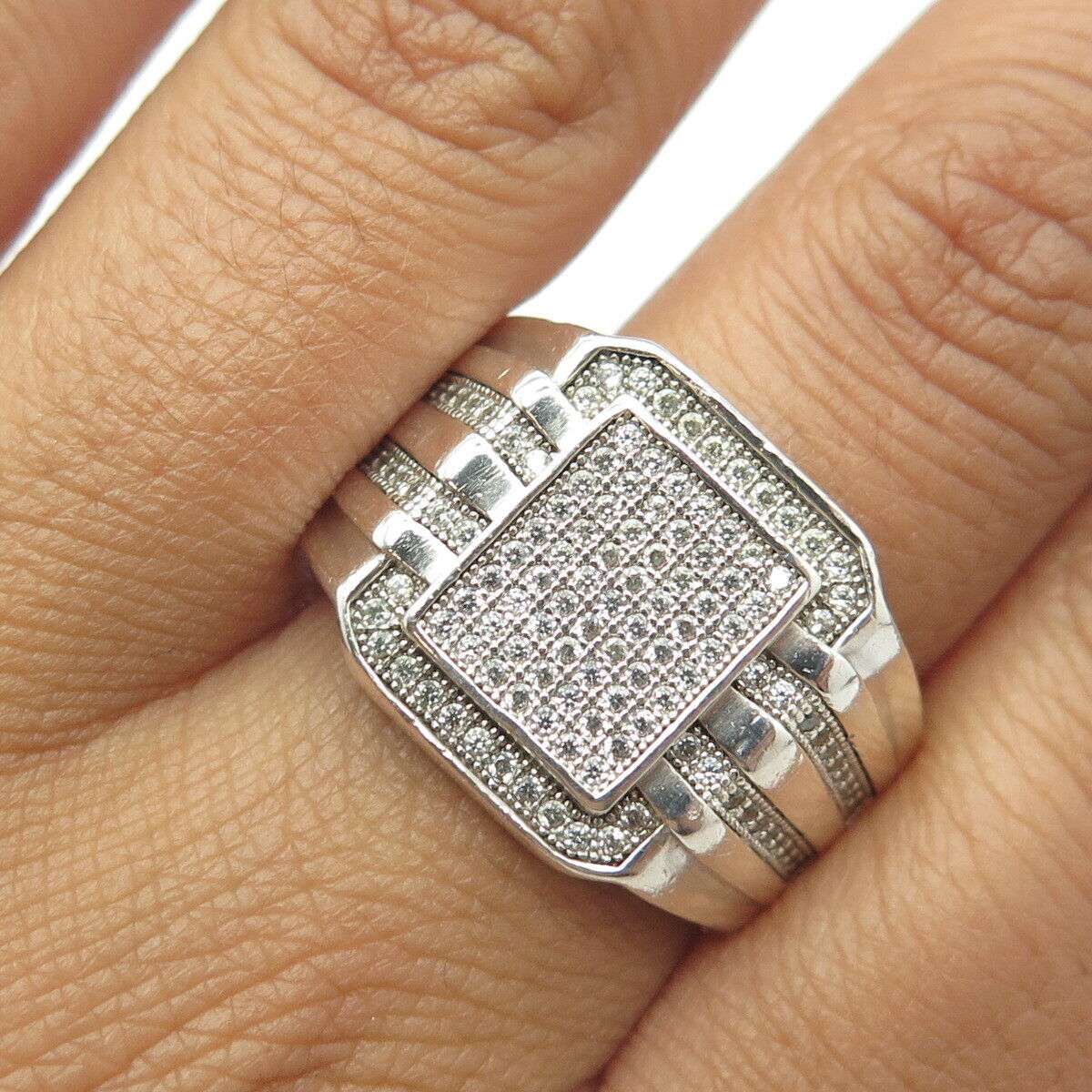 925 Sterling Silver C Z Cluster Statement Signet Ring Size 11.25