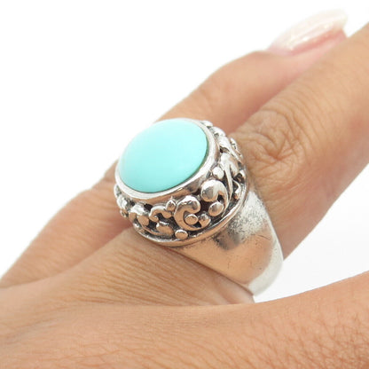 925 Sterling Silver Vintage Cabochon Real Turquoise Swirl Statement Ring Size 6