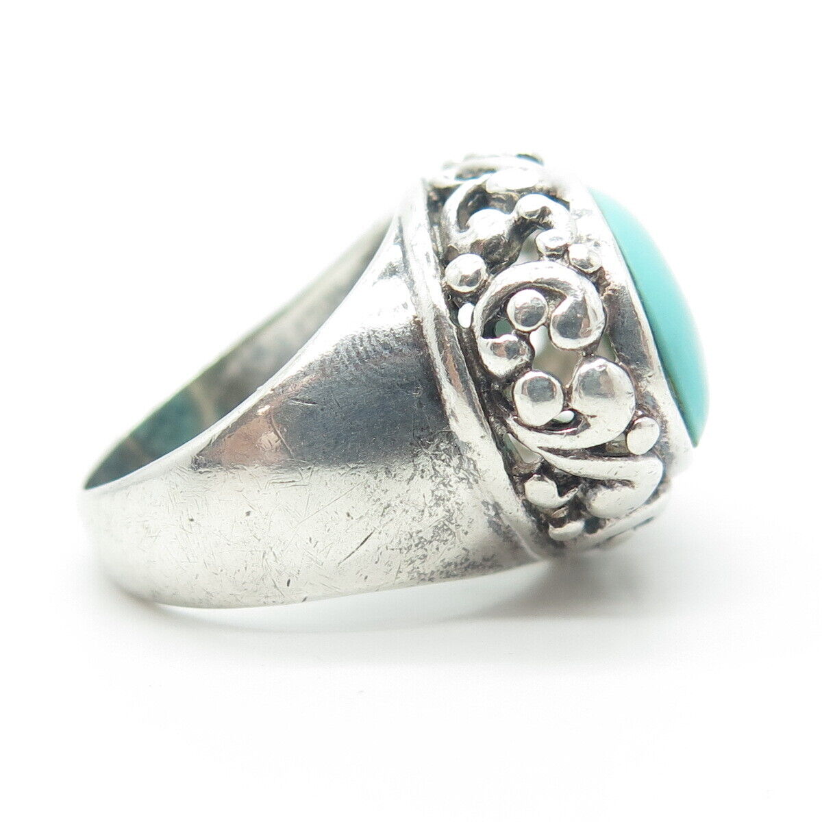 925 Sterling Silver Vintage Cabochon Real Turquoise Swirl Statement Ring Size 6