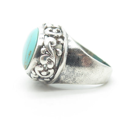 925 Sterling Silver Vintage Cabochon Real Turquoise Swirl Statement Ring Size 6