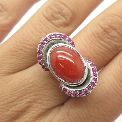 925 Sterling Silver Real Carnelian & Pink Sapphire Gem Ring Size 8.75