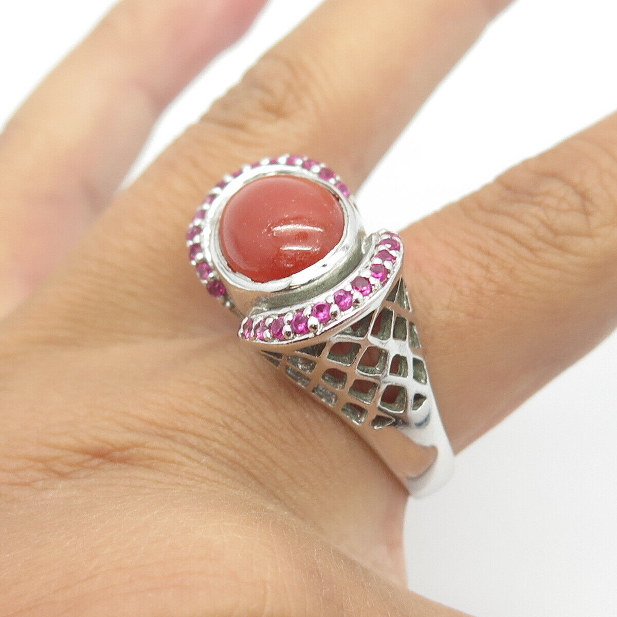 925 Sterling Silver Real Carnelian & Pink Sapphire Gem Ring Size 8.75