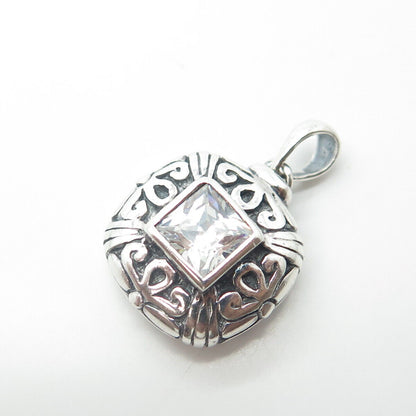 925 Sterling Silver Vintage Square-Cut Shaped C Z Floral Pendant