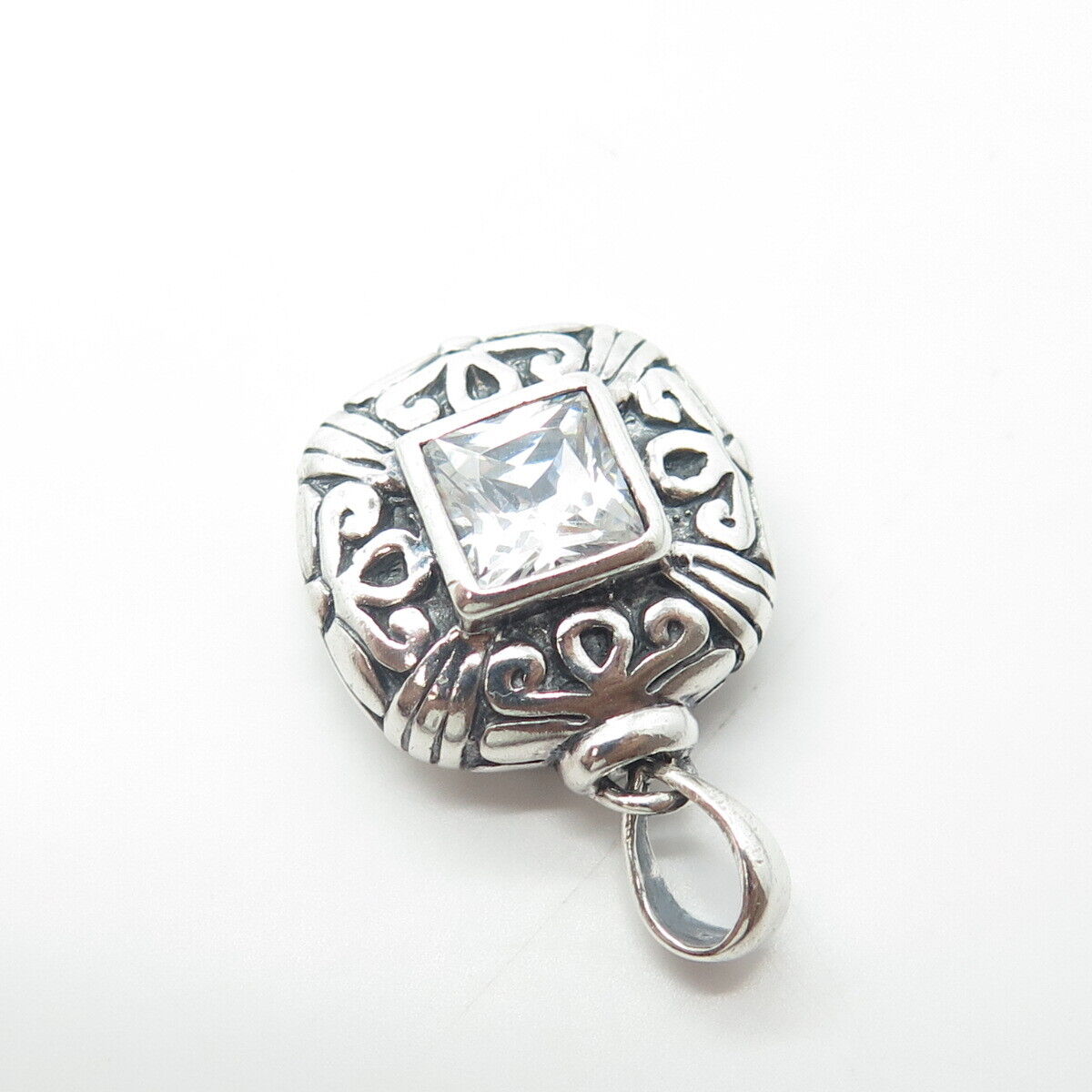 925 Sterling Silver Vintage Square-Cut Shaped C Z Floral Pendant