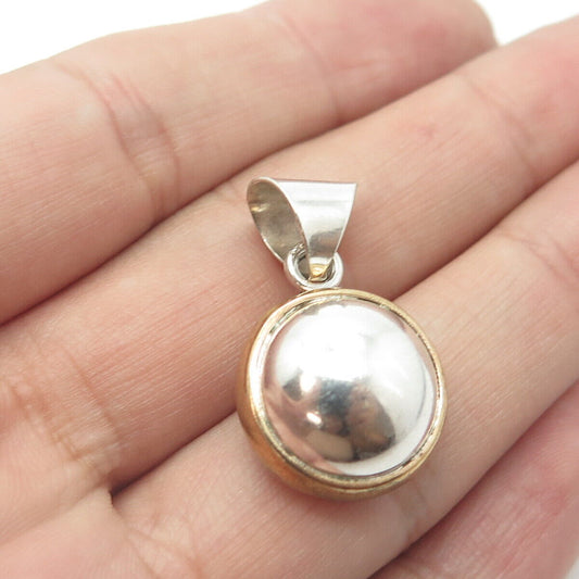 925 Sterling Silver  2-Tone Vintage Mexico Cabochon Round Charm Pendant