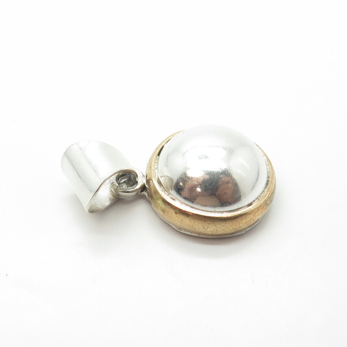 925 Sterling Silver  2-Tone Vintage Mexico Cabochon Round Charm Pendant