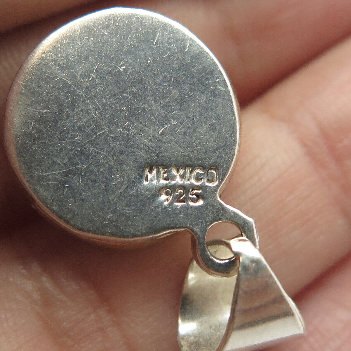 925 Sterling Silver  2-Tone Vintage Mexico Cabochon Round Charm Pendant