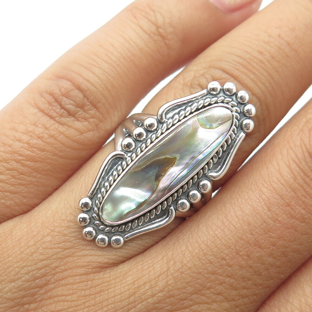 925 Sterling Silver Vintage BELL TRADING POST Abalone Shell Tribal Ring Size 6