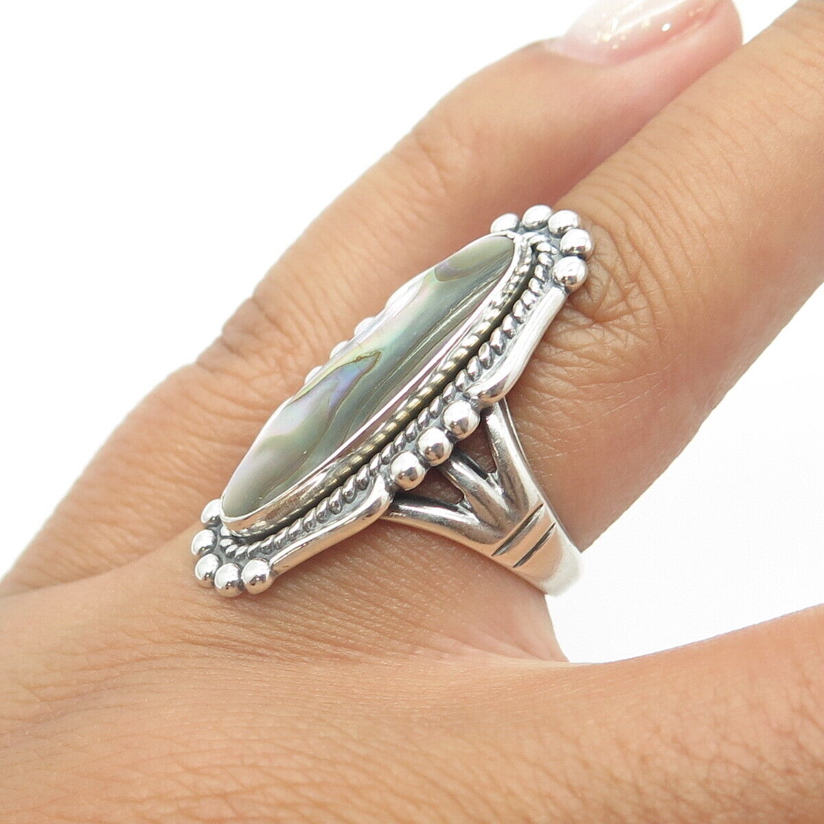 925 Sterling Silver Vintage BELL TRADING POST Abalone Shell Tribal Ring Size 6