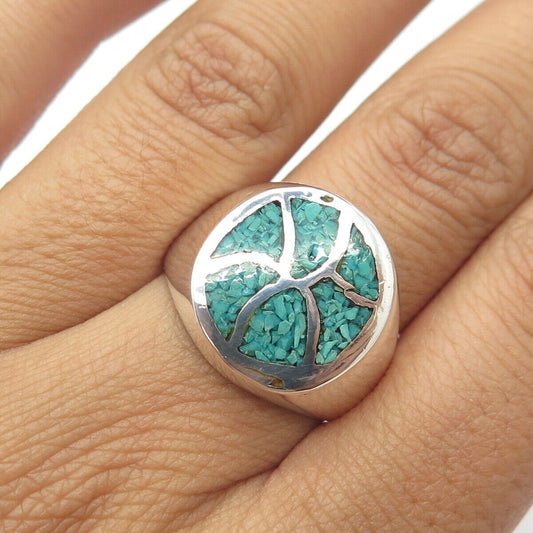 925 Sterling Silver Vintage Southwestern Turquoise Inlay Tribal Ring Size 9.5