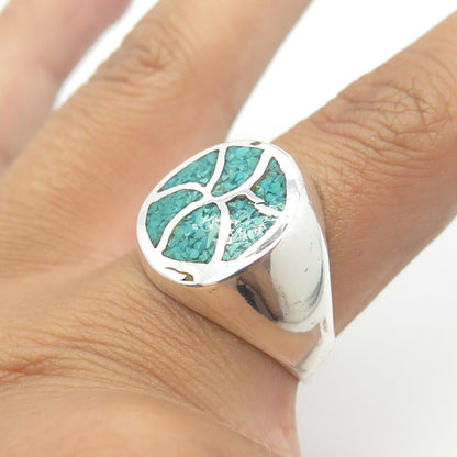 925 Sterling Silver Vintage Southwestern Turquoise Inlay Tribal Ring Size 9.5