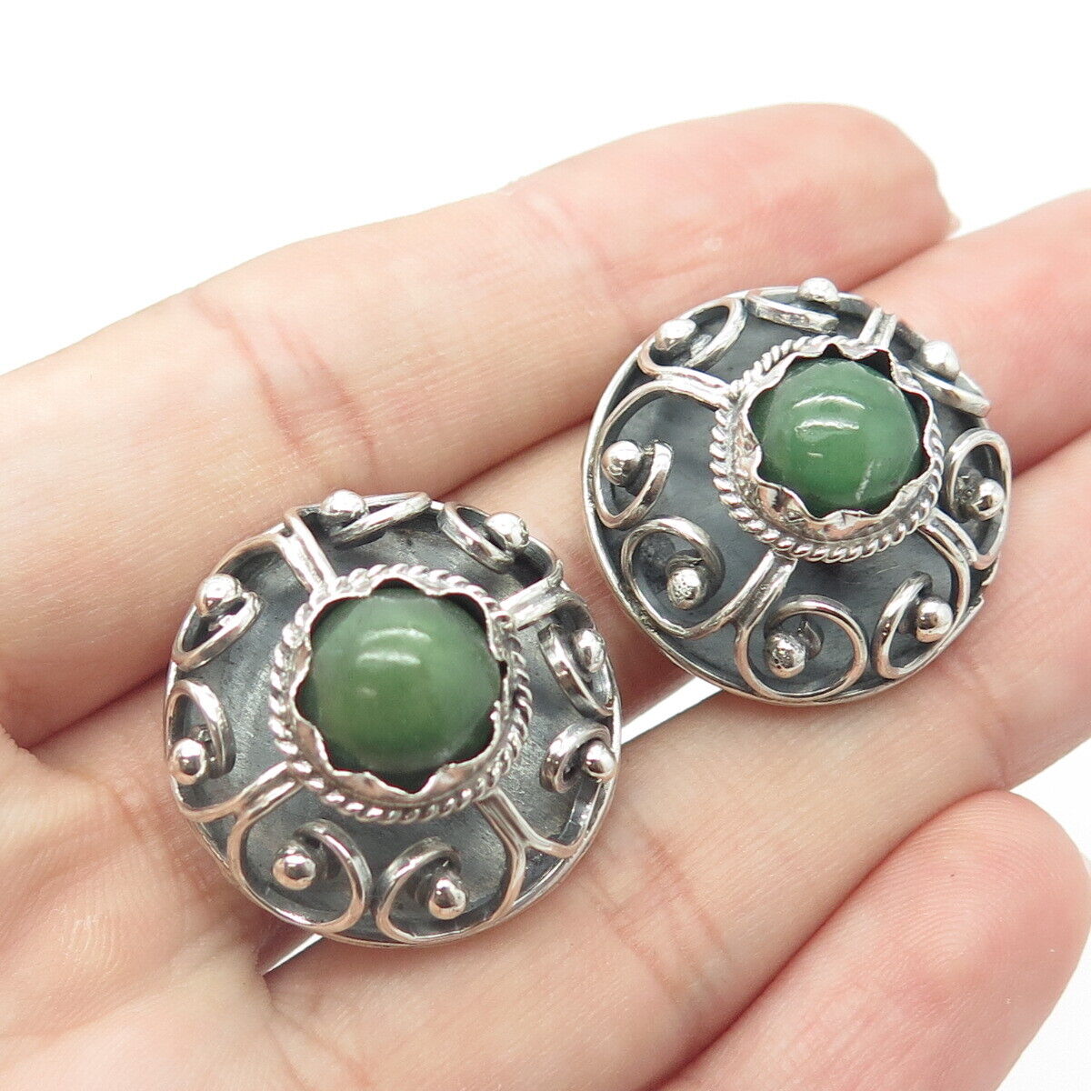 925 Sterling Silver Antique Art Deco Cabochon Real Jade Swirl Clip On Earrings