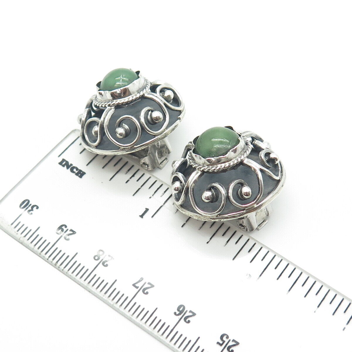 925 Sterling Silver Antique Art Deco Cabochon Real Jade Swirl Clip On Earrings