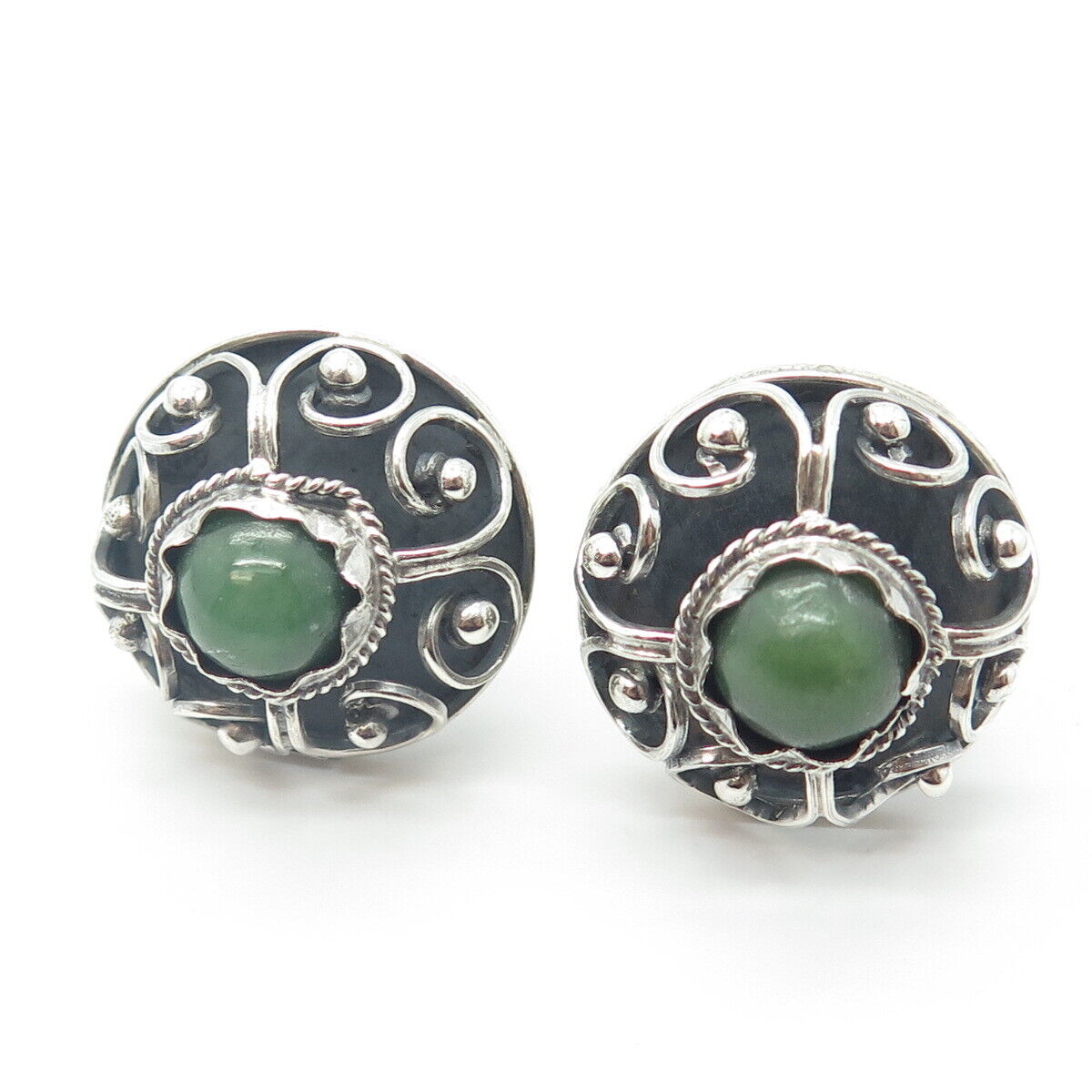 925 Sterling Silver Antique Art Deco Cabochon Real Jade Swirl Clip On Earrings