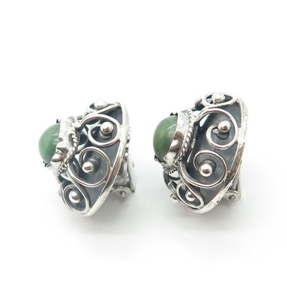 925 Sterling Silver Antique Art Deco Cabochon Real Jade Swirl Clip On Earrings