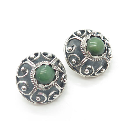 925 Sterling Silver Antique Art Deco Cabochon Real Jade Swirl Clip On Earrings