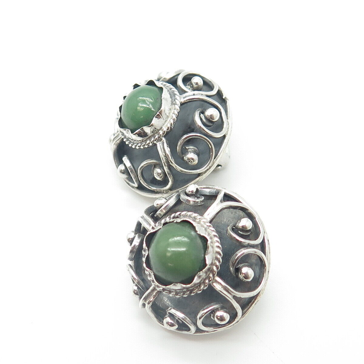 925 Sterling Silver Antique Art Deco Cabochon Real Jade Swirl Clip On Earrings