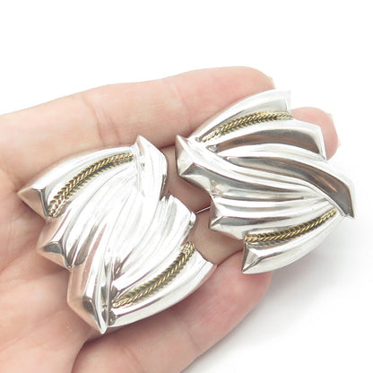 925 Sterling Silver 2-Tone Vintage Mexico Ribbed Modernist Clip On Earrings