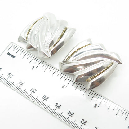 925 Sterling Silver 2-Tone Vintage Mexico Ribbed Modernist Clip On Earrings