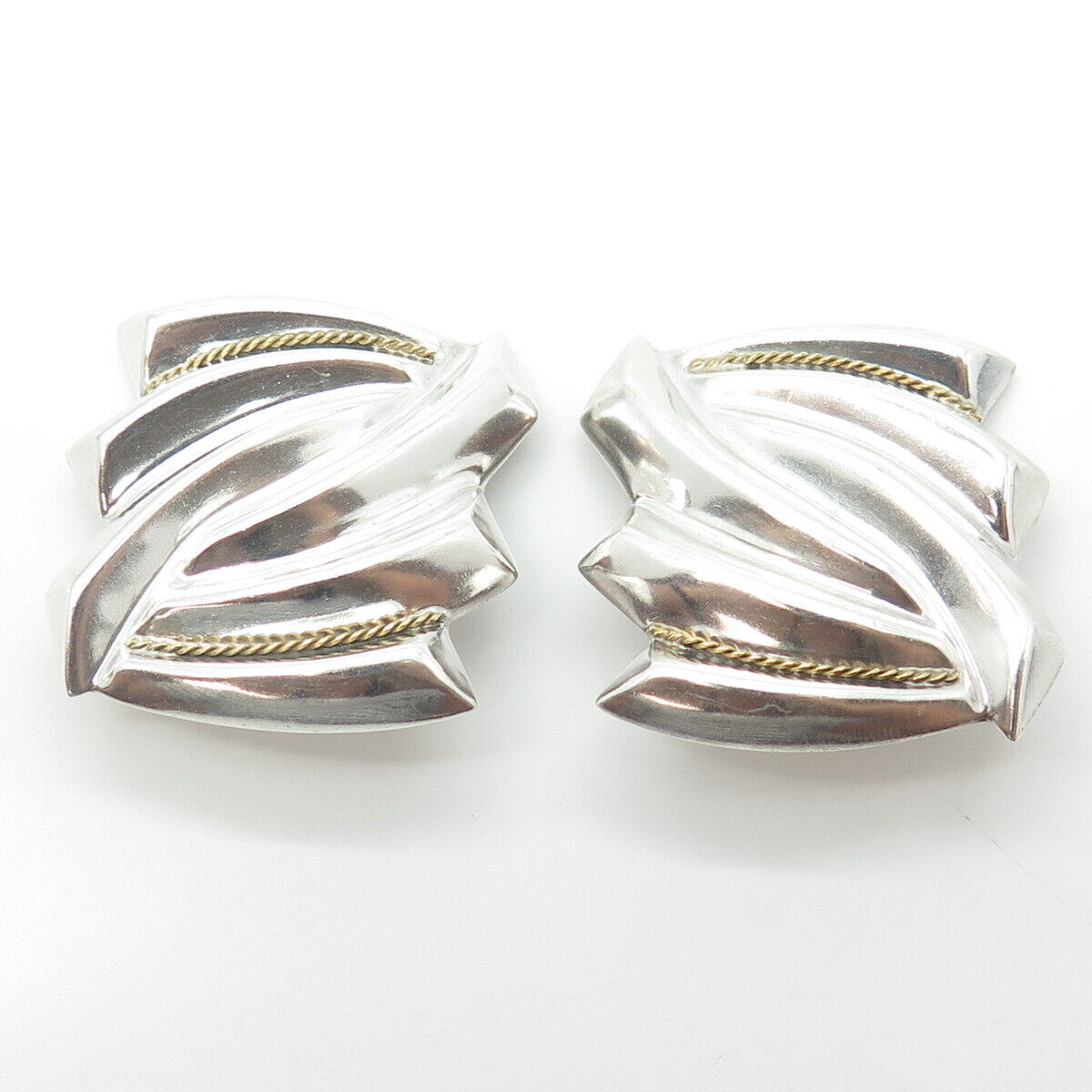 925 Sterling Silver 2-Tone Vintage Mexico Ribbed Modernist Clip On Earrings